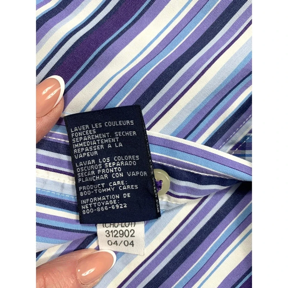 Tommy Hilfiger Button Down‎ Shirt Large Mens Purple Blue Striped Long Sleeve